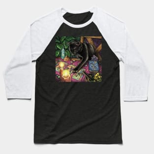 Black Cat Reading Tarot Baseball T-Shirt